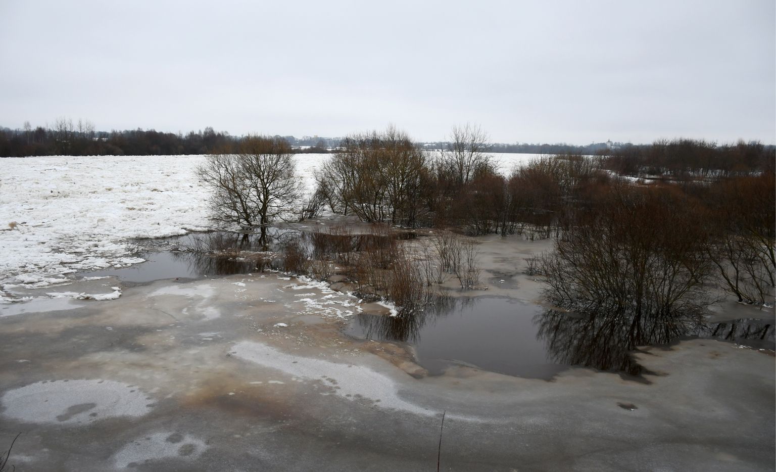 Üle kallaste tunginud Daugava jõgi eile Jēkabpilsi lähistel. Ööl vastu tänast anti piirkonnas ohuhoiatus.