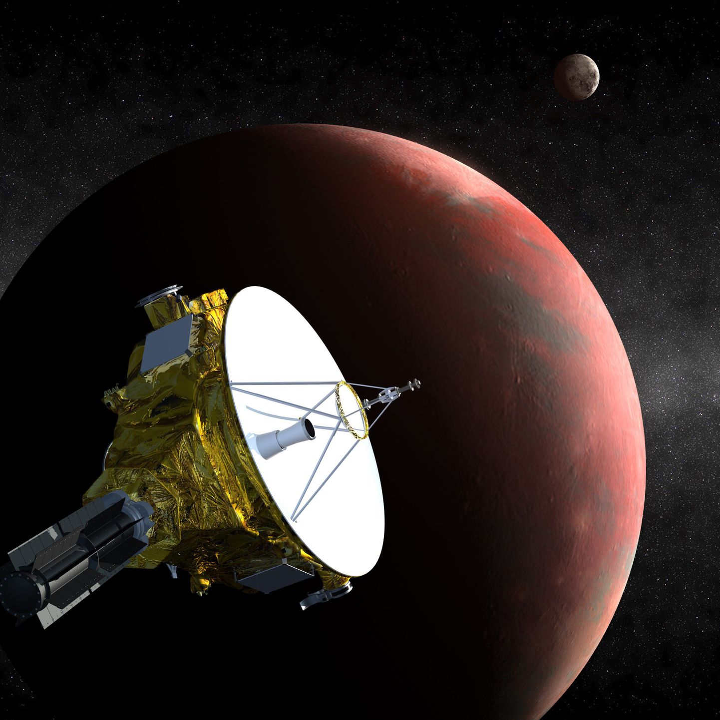 Kunstniku arvutijoonistus New Horizons uurimissondist, Plutost ja Charonist