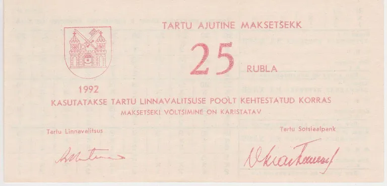 Tartu ajutine maksetšekk.