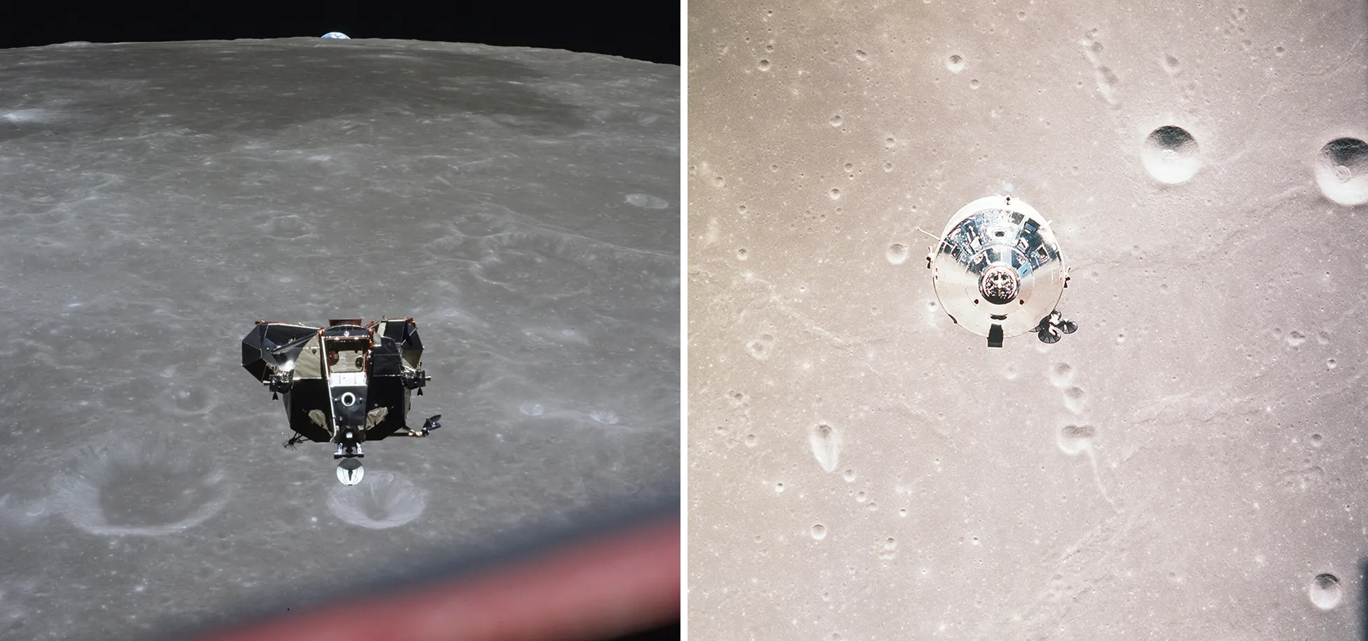Vasakpoolsel pildil on näha kuumoodulit The Eagle kuu taustal, parempoolsel pildil jälle komandomoodul Columbia samuti kuu taustal.