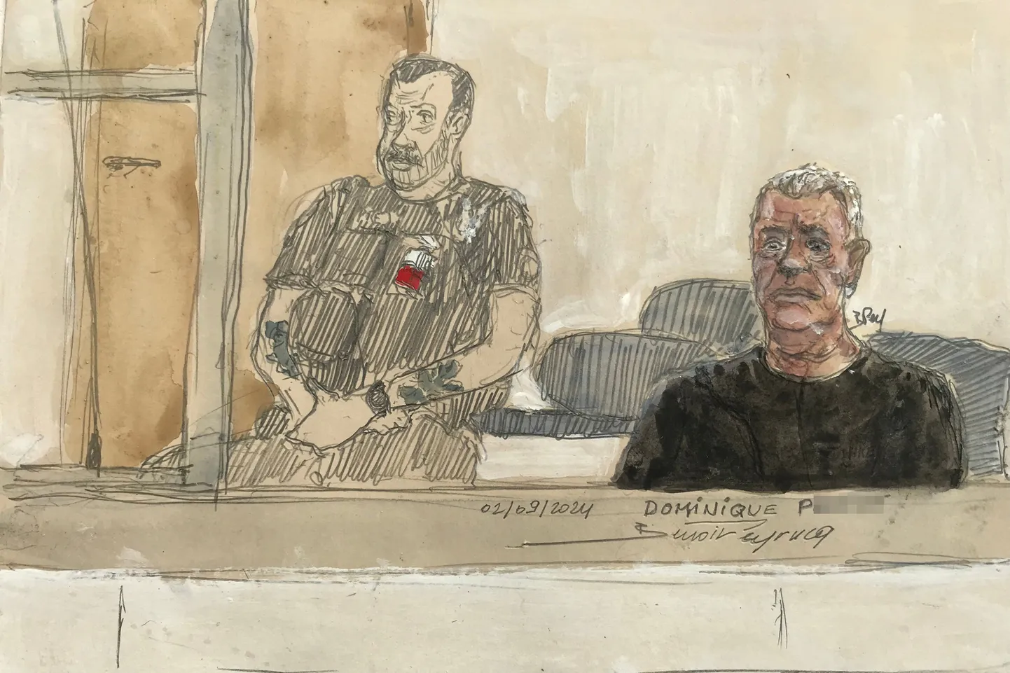 Täna valminud kohtujoonistus Avignon' süüpingis istuvast 71-aastasest Dominique P.-st, keda süüdistatakse oma naise uimastamises ja teistele meestele vägistada andmises.