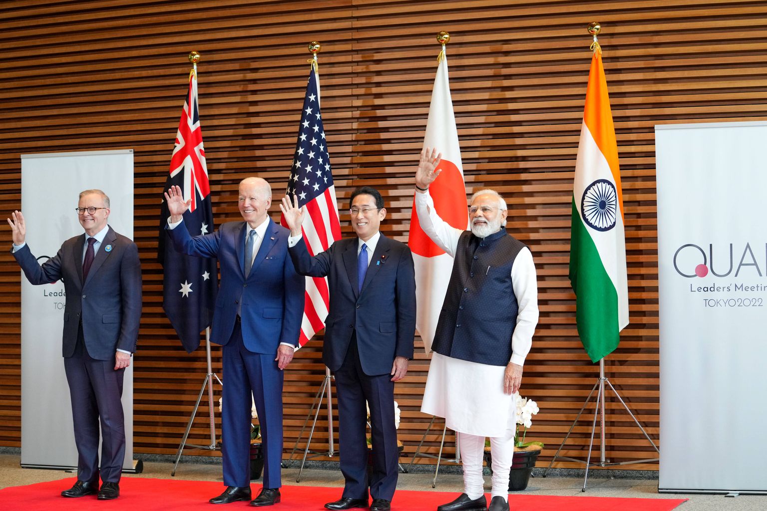 Vasakult Austraalia vastne peaminister Anthony Albanese, USA president Joe Biden, Jaapani peaminister Fumio Kishida ja India valitsusjuht Narendra Modi.