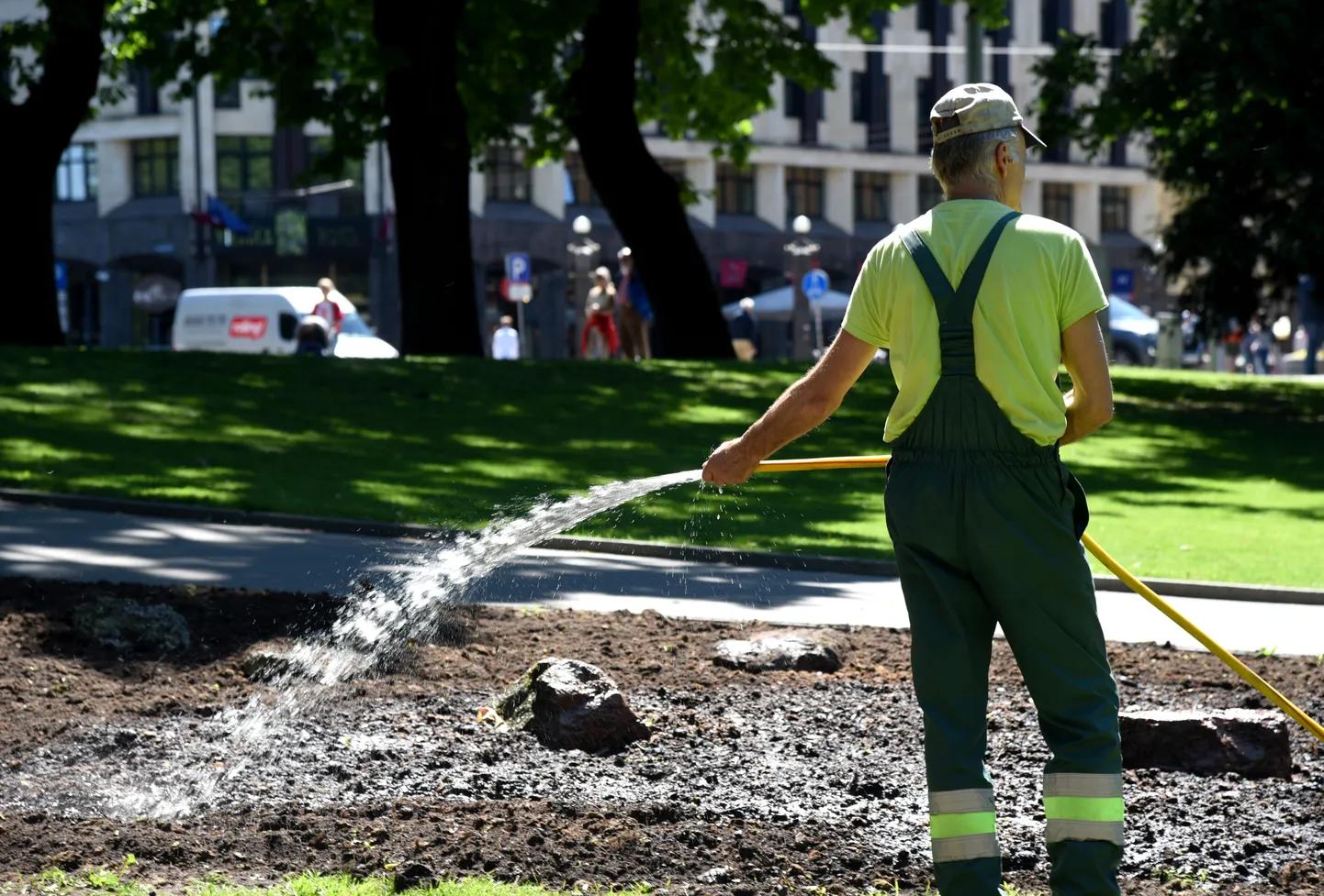 "Rīgas dārzi un parki" darbinieks laista puķu dobi Basejkalnā. Ilustratīvs attēls