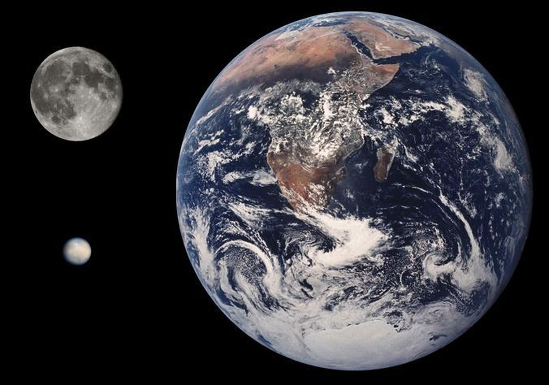Maa, Kuu ja Cerese (all vasakul) suuruse võrdlus
