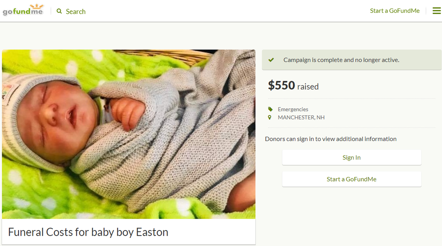 Abielupaar lõi annetuslehe, kus palusid raha beebi Eastoni matuse jaoks. Rasedus ja laps osutusid aga pettuseks. Pildil on hoopis nukk.