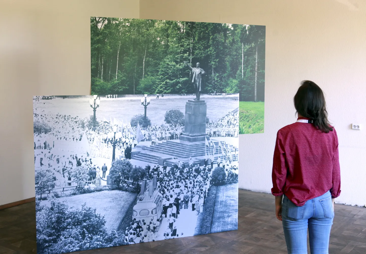 Visitor watches Lithuanian artist Indre Serpytyte art work 'Pedestal' in the Residence of Kristaps Morbergs in Riga, Latvia, 14 June 2018. The Riga International Biennial of Contemporary Art (RIBOCA) is an international biennial with a European focus and a strong regional profile. This year's RIBOCA slogan is Everything's forever until from more.  EPA/TOMS KALNINS