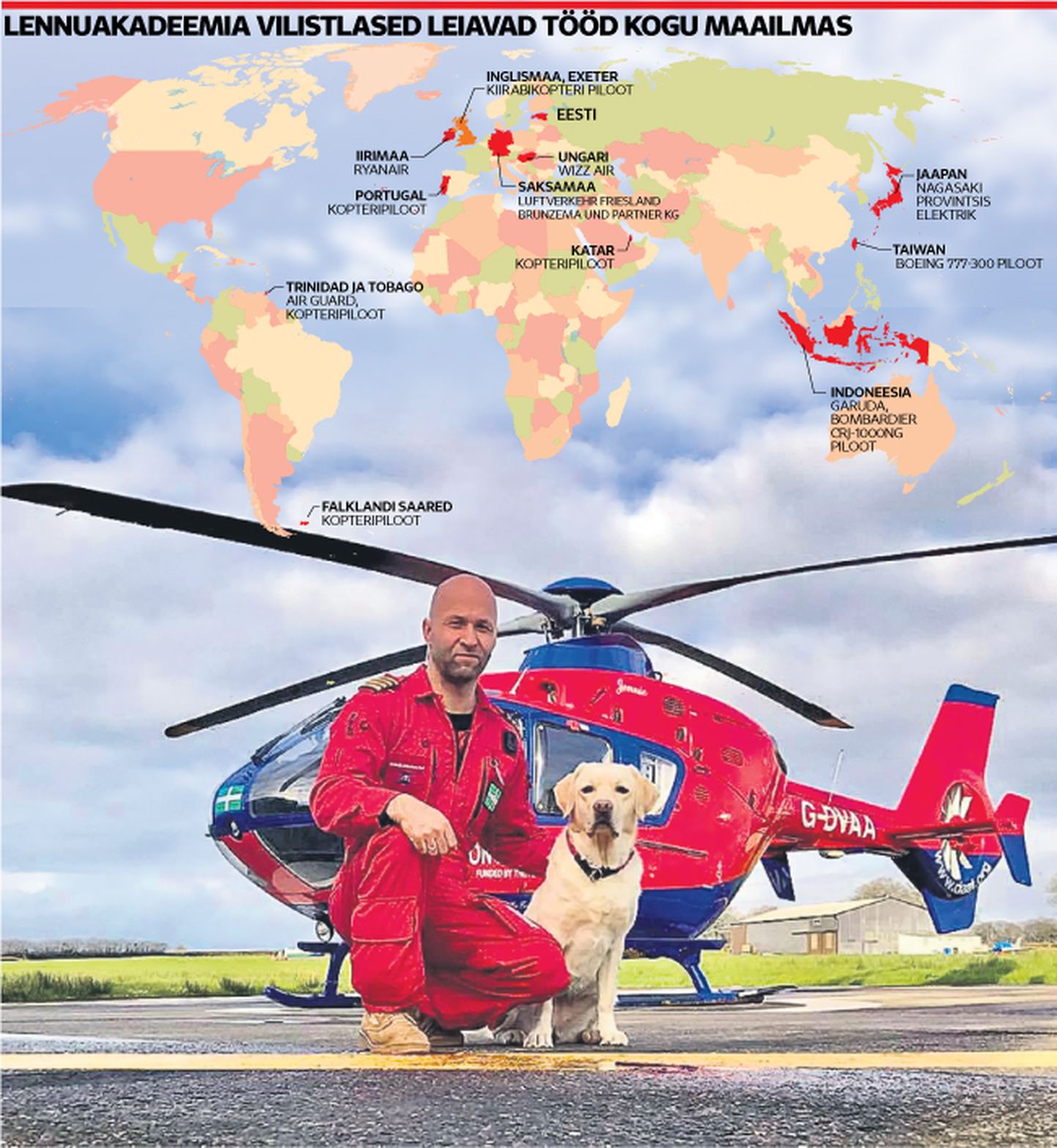 Suurbritannias kiirabikopteri kaptenina töötav Ivar Värk ja tema koer Brenda Exeteris helikopteri maandumisplatsil.