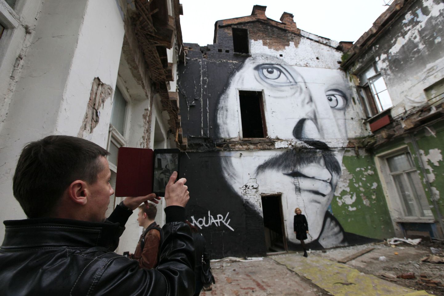 A visitor takes a photograph of an abandoned house painted with a portrait of  Russian actor Alexander Kaidanovsky by French artist The Mouarf, in the centre of Russia's Siberian city of Krasnoyarsk October 14, 2013. The street portrait of Kaidanovsky is part of the 10th International Museum Biennale  in Krasnoyarsk. REUTERS/Ilya Naymushin (RUSSIA - Tags: SOCIETY)