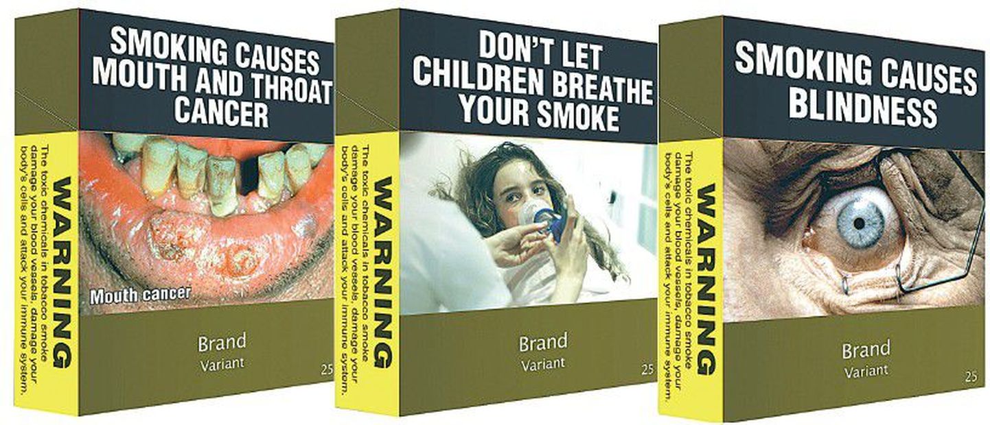 Uued pakid: «Suitsetamine põhjustab suu- ja kõrivähki», «Ära lase lastel hingata tubakasuitsu», «Suitsetamine põhjustab pimedust».