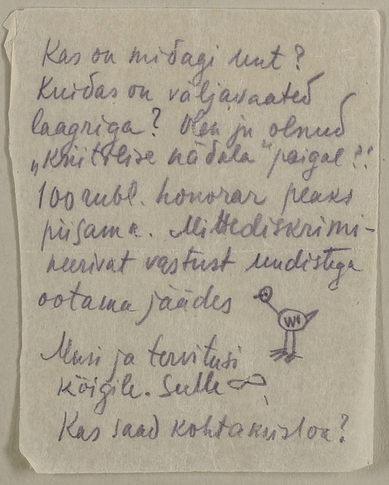 Jaan Krossi kiri abikaasa Helgale Patarei vanglast 1947. aastal (ERA.5637.1.2).