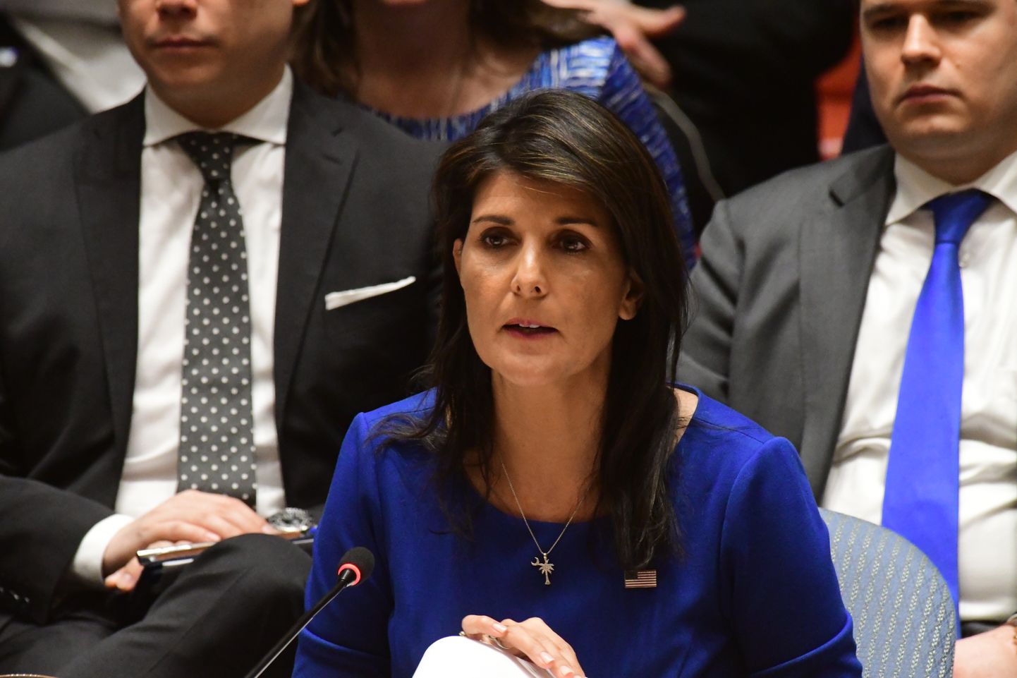 US Representative Nikki Haley. The United Nations Security Council met in New York, NY on April 14, 2018; for a special session Saturday morning to debate US & allied air attacks against alleged Syrian government chemical weapons facilities. (Photo by Andy Katz / Pacific Press/Sipa USA)