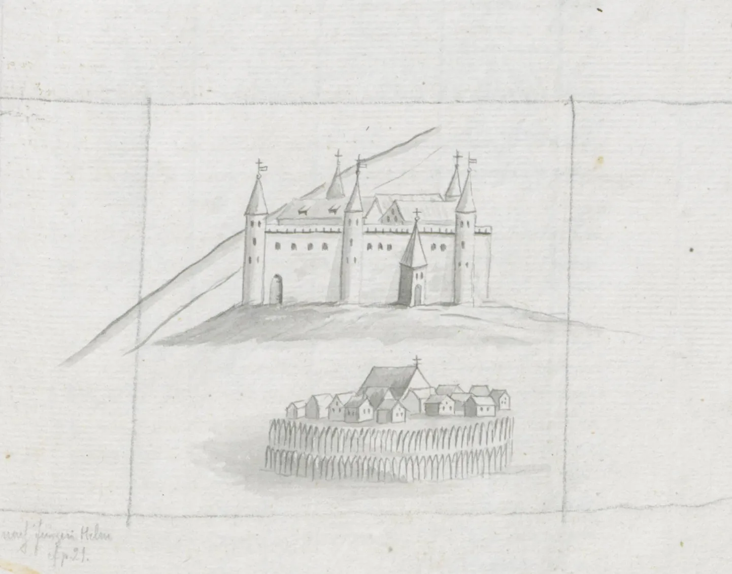 Eduard Philipp Körberi 1803. aastal valmistatud koopia Jürgen Helmsi 14. sajandi Rakveret kujutama pidavast fantaasiajoonistusest ei vasta üheski detailis tõsioludele.