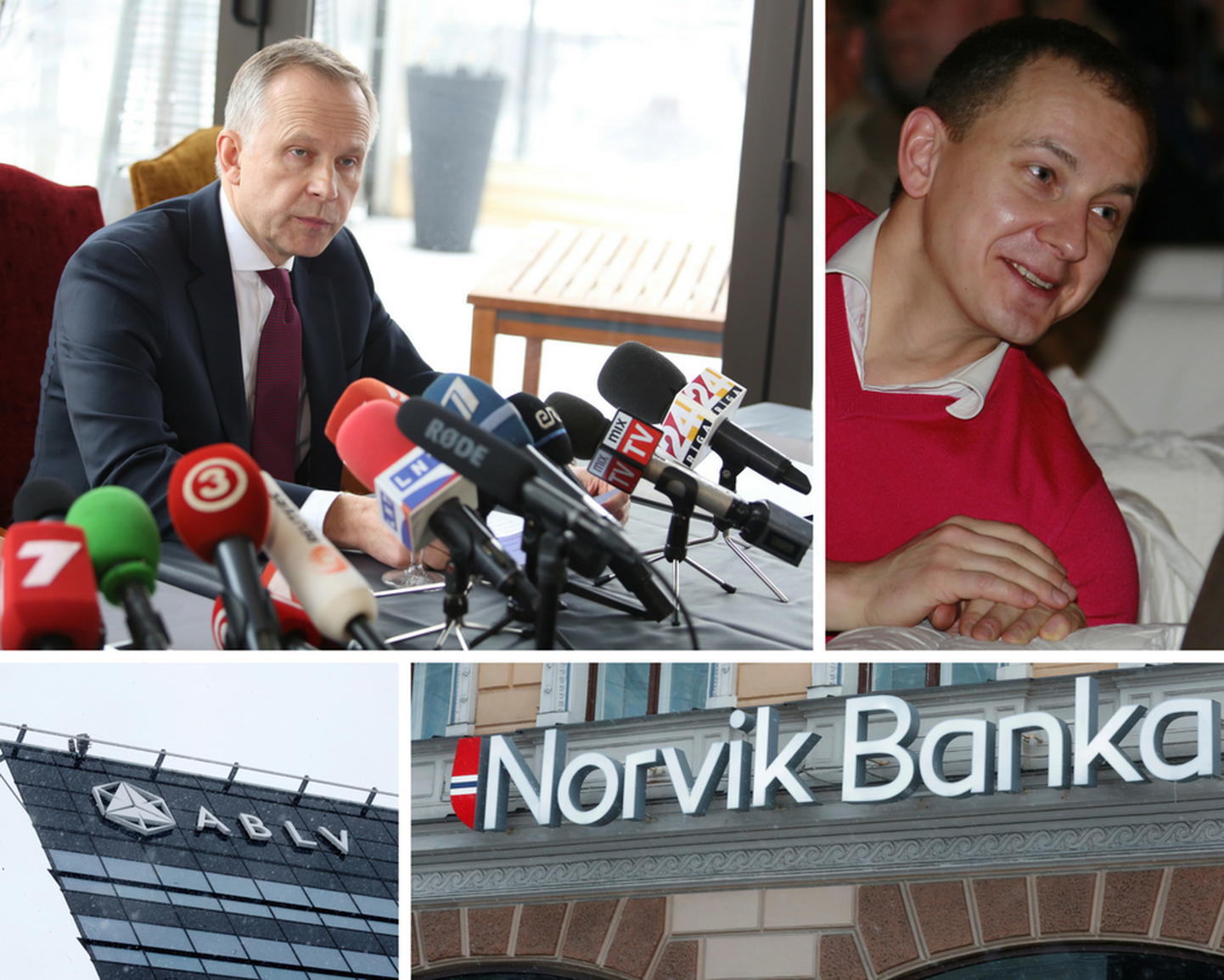 Ülevalt vasakult paremale: Ilmārs Rimšēvičs ja Grigori Guselnikov. Alt vasakult paremale: pankade ABLV ja Norvik kontorid.