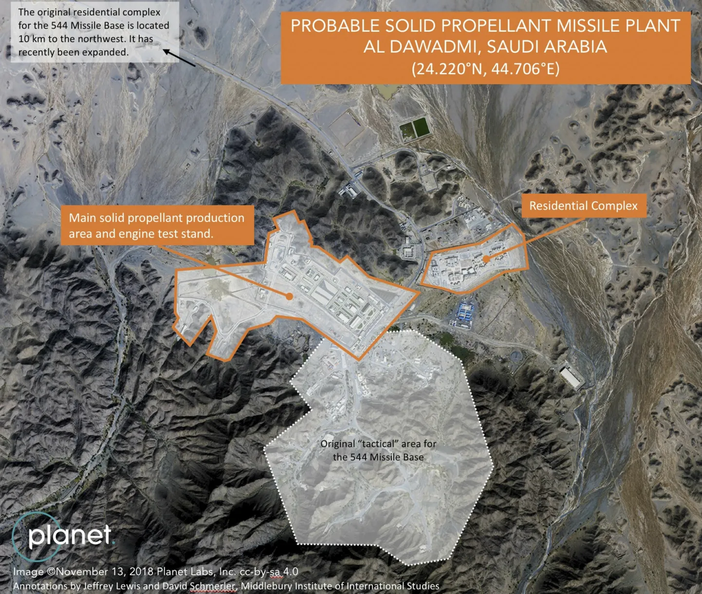 Satelliidipilt arvatavast Saudi Araabia ballistiliste rakettide baasist ja katseplügonist al-Dawadmi linna lähistel.