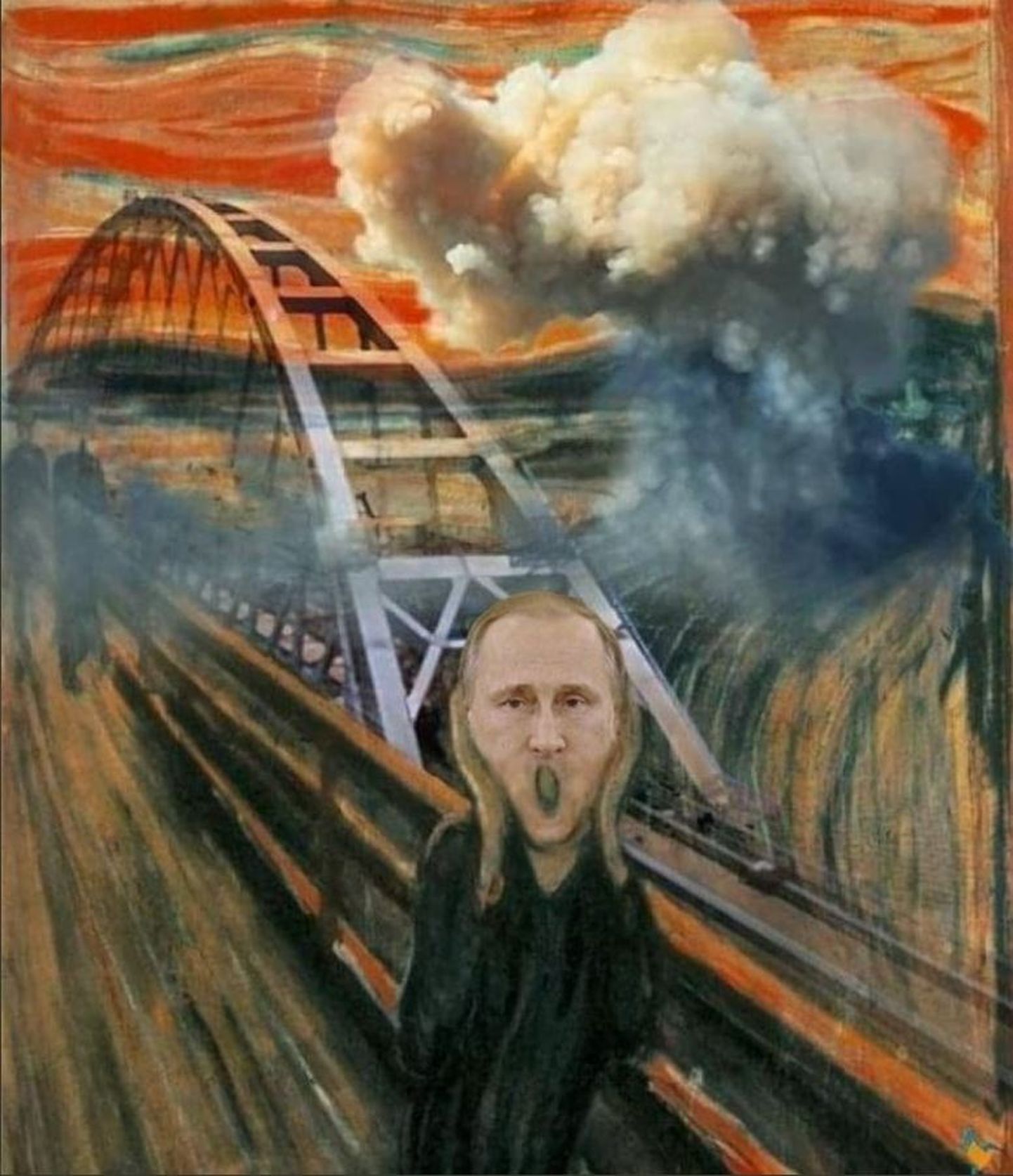 Знаменитый «Крик» Эдварда Мунка осовременен: на снимке – Владимир Путин, на заднем плане –Керченский мост.