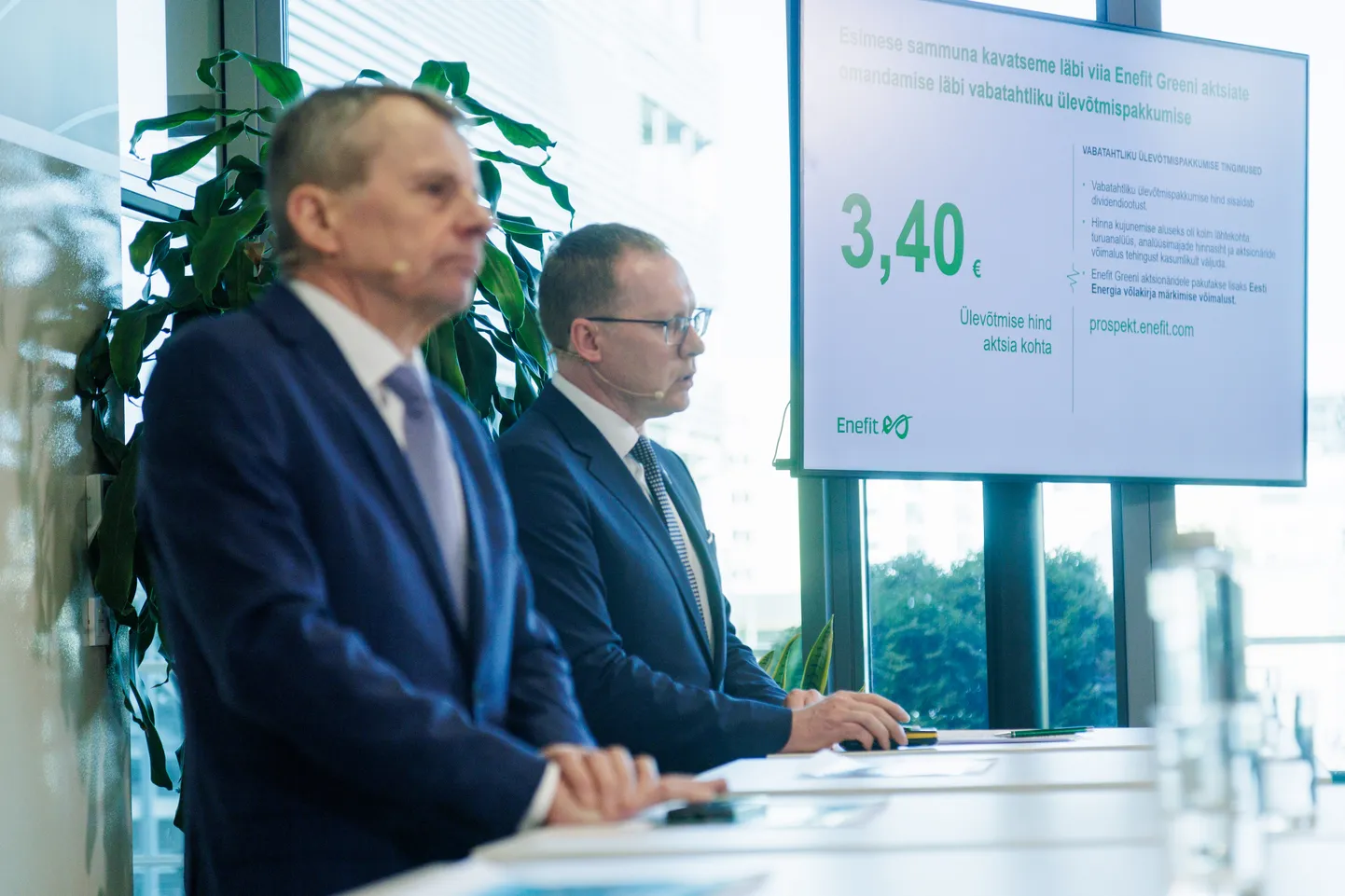 Eesti Energia juhid ja rahandusminister kommenteerisid pressikonverentsil Enefit Greeni börsilt lahkumist. Rahandusminister Jürgen Ligi, Eesti Energia juhatuse esimees Andrus Durejko. 27.03.2025, Tallinn.