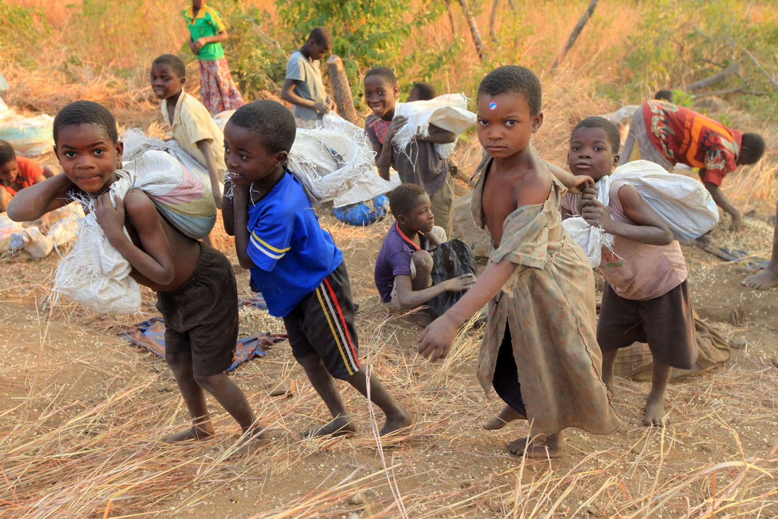 Malāvijā bērni nes maisus ar graudiem pārtikai.