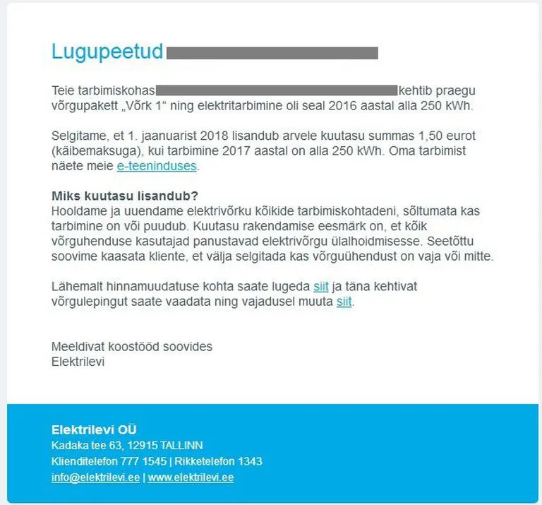 Sellise sisuga kirja saatis Elektrilevi tarbijatele, kelle majapidamises jääb elektritarbimine alla 250 kWh aastas. Foto: kuvatõmmis kirjast
