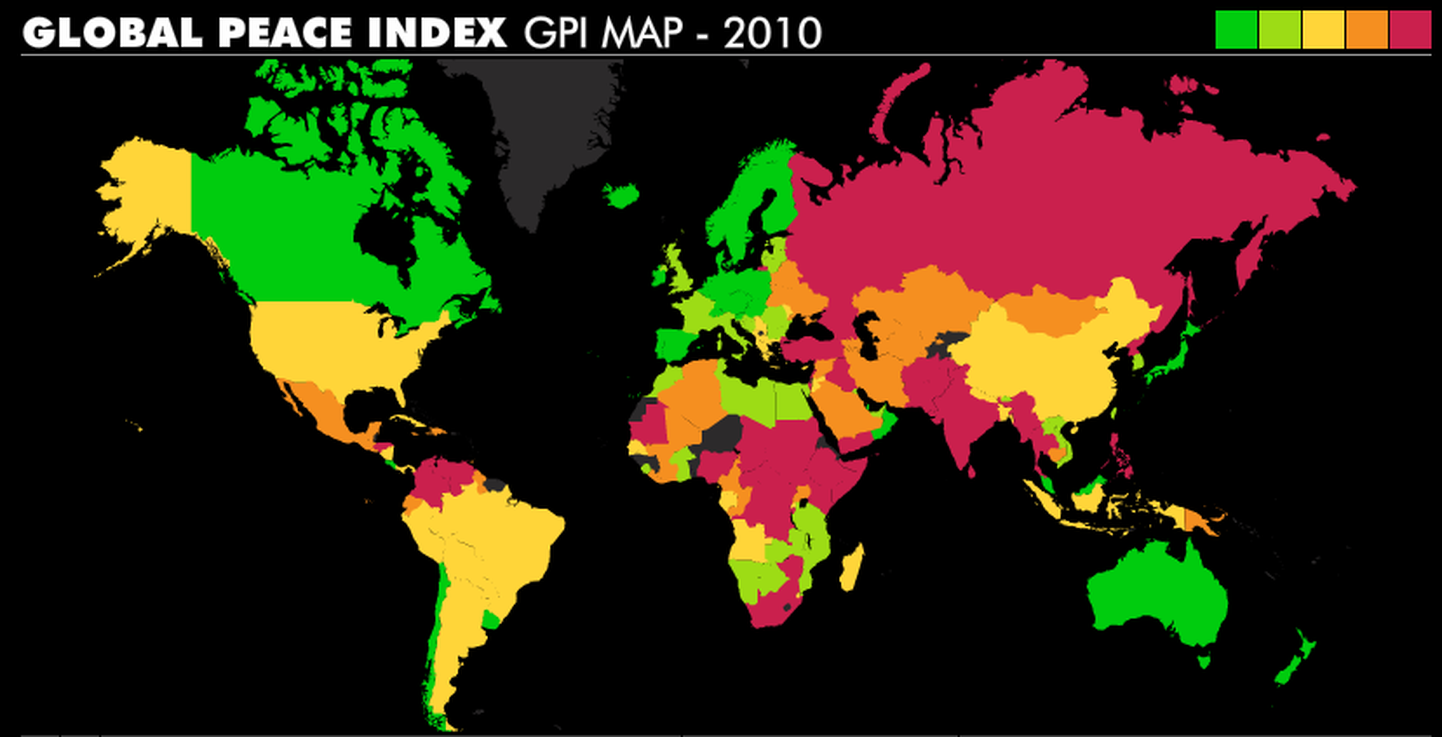 Уровень мировой безопасности в мире. Зеленый цвет - лучший показатель. Красный цвет - худший показатель.