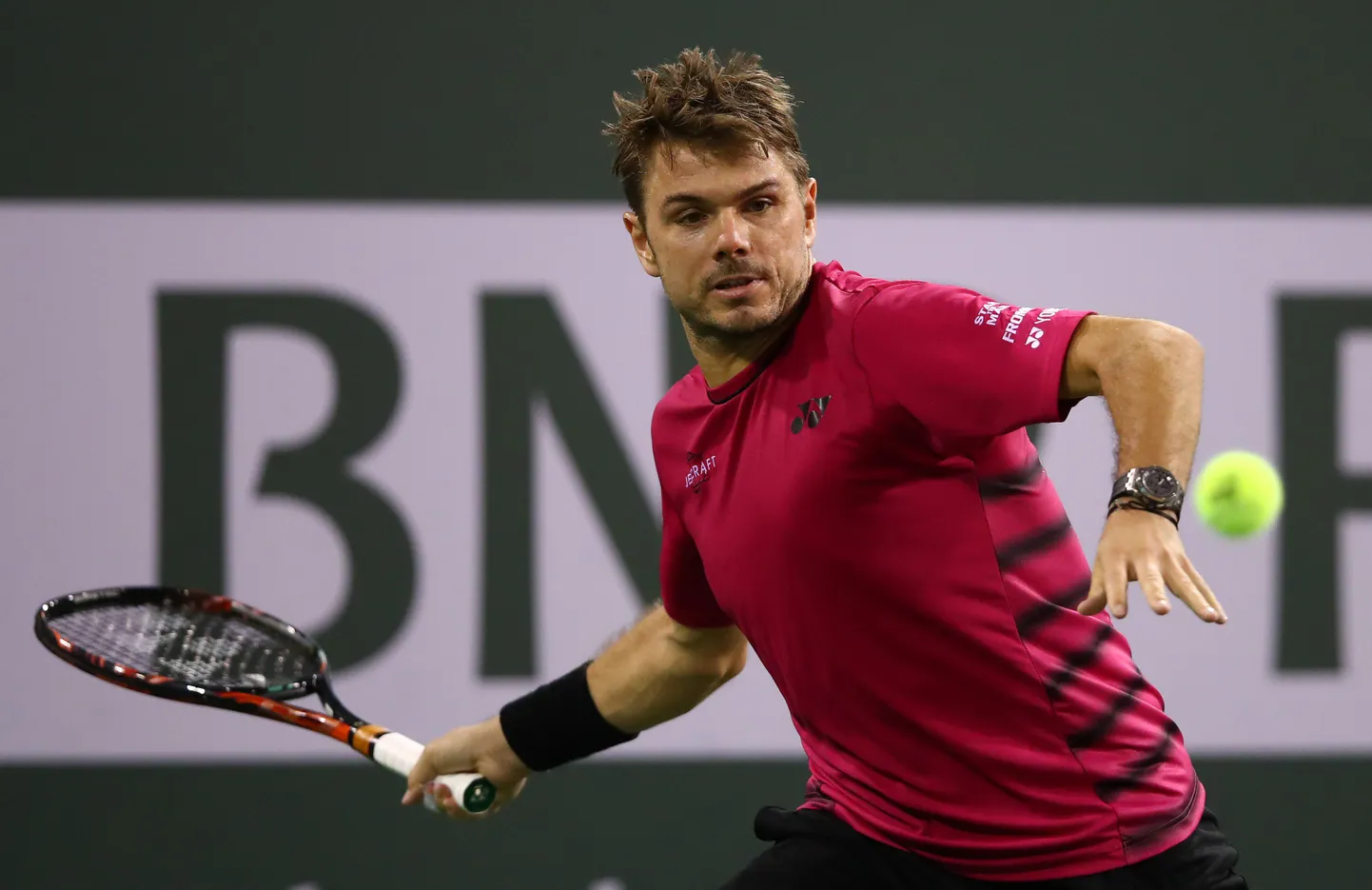 Stanislas Wawrinka Indian Wellsi tenniseturniiri veerandfinaalis mängimas Dominic Thiemi vastu.