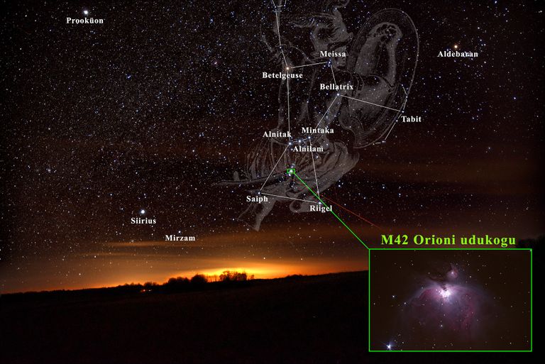 Orioni tähtkuju ja Orioni udukogu (M42) asukoht selles.