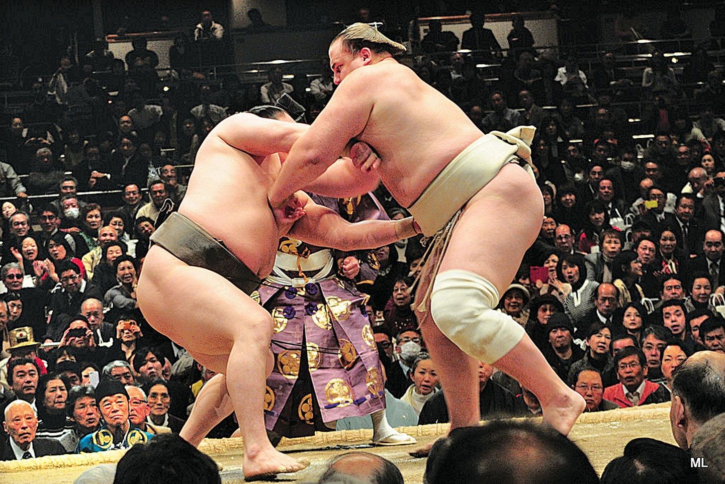 Baruto (paremal) heitlemas yokozuna Hakuhoga.