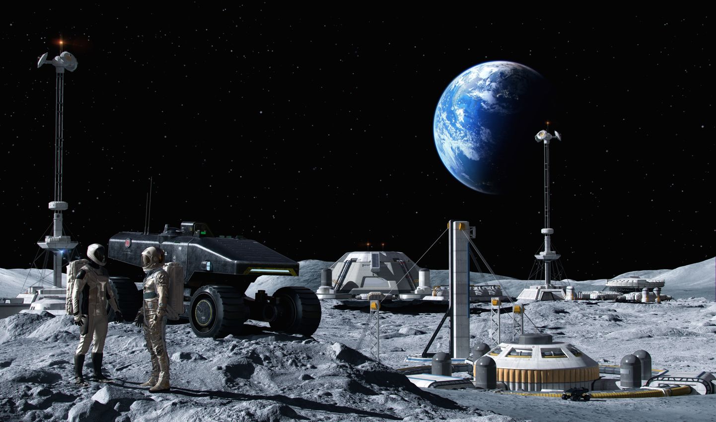 Arvutijoonistus astronautidest ja asustusest Kuul