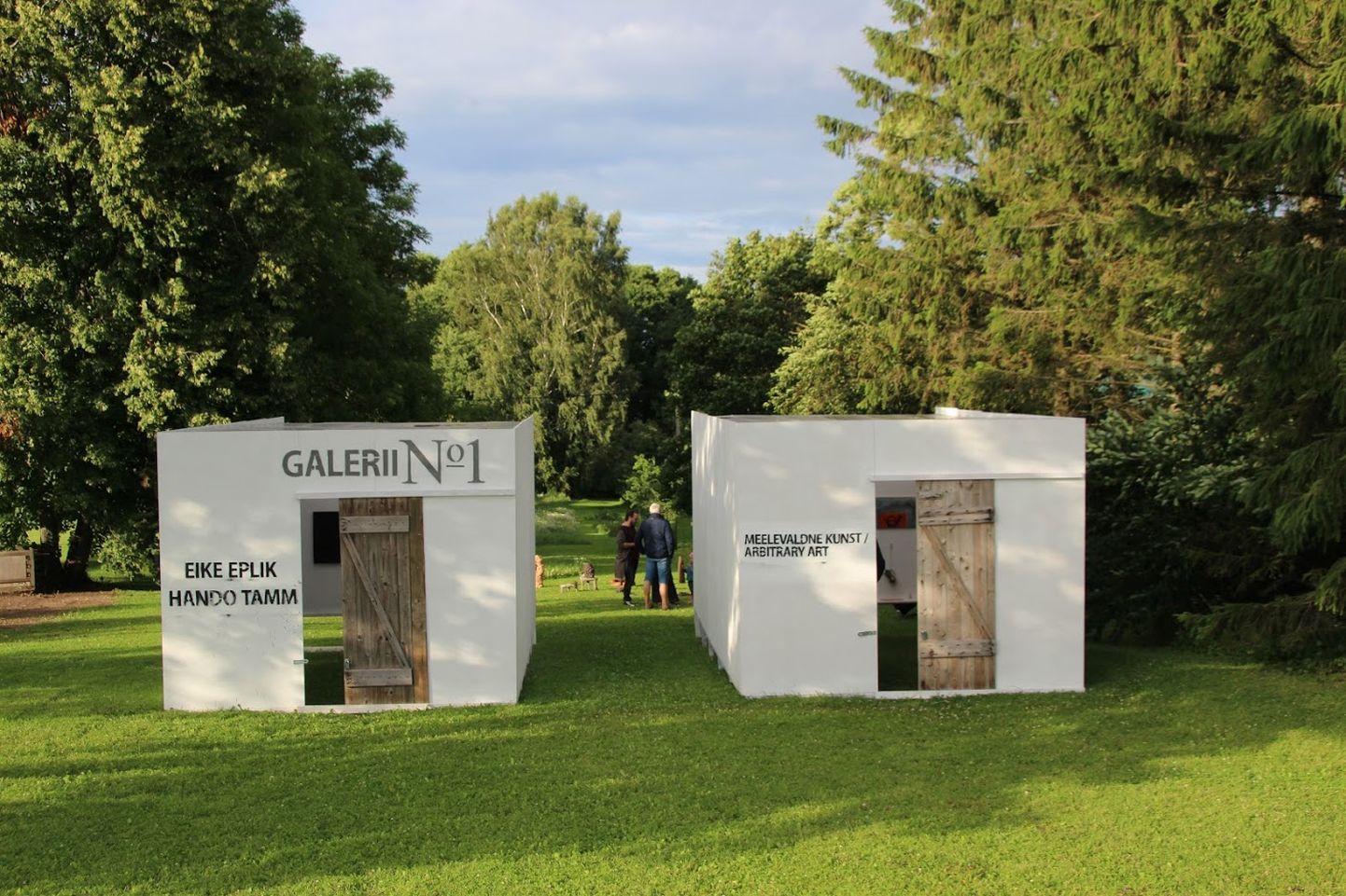 Galerii No 1 kunsti täis kuubikute taga on skulptuurid ja taamal Saadjärv.