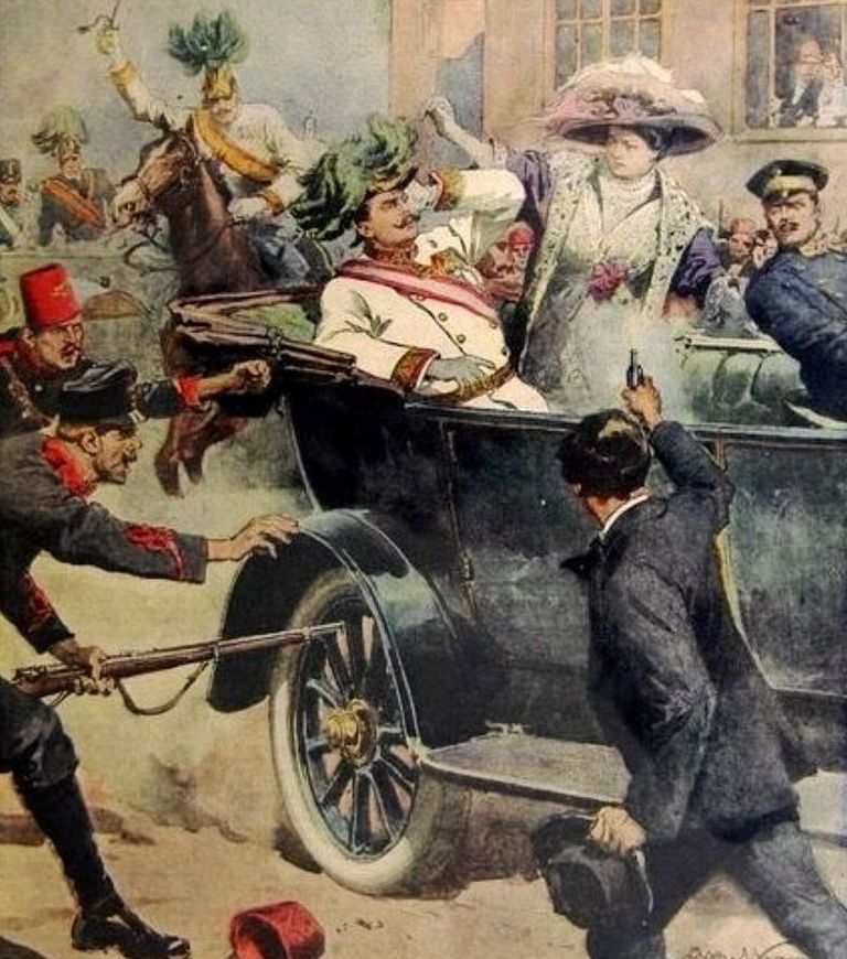 1914. aasta ajalehejoonistus Austria-Ungari ertshertsogi Franz Ferdinandi ja ta naise, hertsoginna Sophie tulistamisest Sarajevos