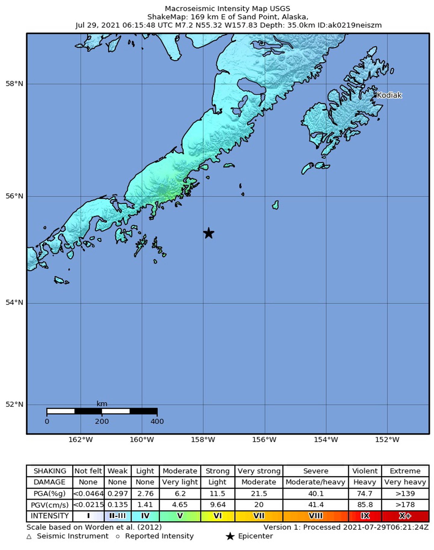 USA geoloogiateenistuse (USGS) kaart, mis näitab Alaska poolsaare lähedal aset leidnud võimsa maavärina asukohta.