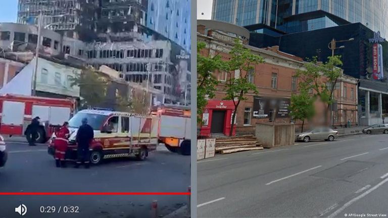 С помощью Google Street View (справа) место происшествия на видео (слева) можно верифицировать: видео снято вблизи от здания 101 Towers в Киеве