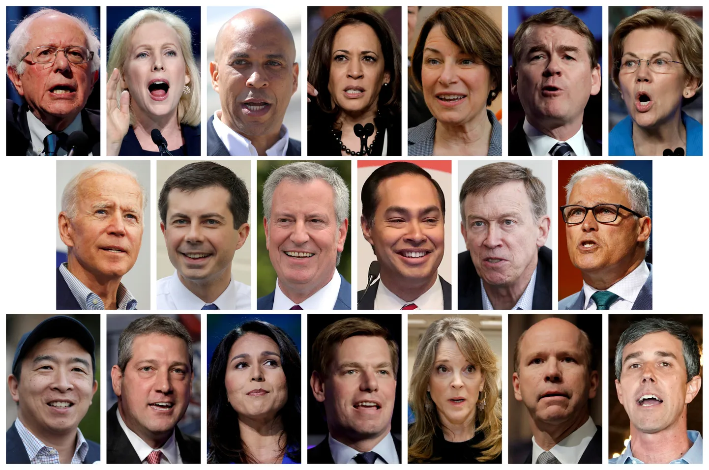 USA demokraatide presidendikandidaadid vasakult nurgast: senaatorid Bernie Sanders, Kirsten Gillibrand, Cory Booker, Kamala Harris, Amy Klobuchar, Michael Bennet, ja Elizabeth Warren. (V-P keskmine rida): endine USA asepresident Joe Biden, linnapea Pete Buttigieg, linnapea Bill de Blasio, Julian Castro, endine kuberner John Hickenlooper, kuberner Jay Inslee. (V-P viimane rida): ärimees Andrew Yang, esindajatekoja liikmed Tim Ryan, Tulsi Gabbard, Eric Swalwell, autor Marianne Williamson, endised esindajatekoja liikmed John Delaney and Beto O'Rourke.
