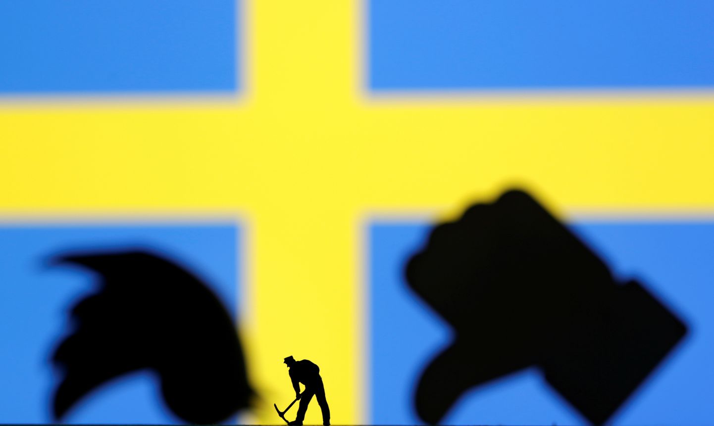 Twitteri ja Facebooki ikoonid Rootsi lipu ees.