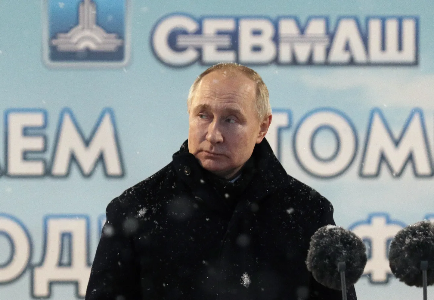 Президент России Владимир Путин на церемонии поднятия флагов двух атомных подводных лодок в Северодвинске 11 декабря 2023 года.