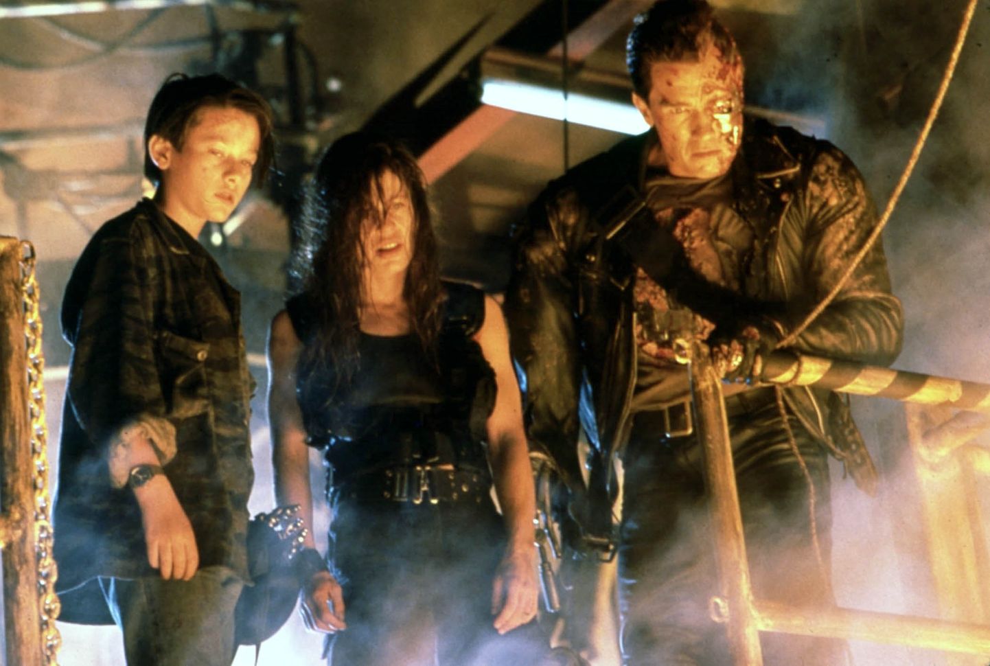 Edward Furlong, Linda Hamilton ja Arnold Schwarzenegger 1991. aasta filmis «Terminaator 2: kohtupäev».