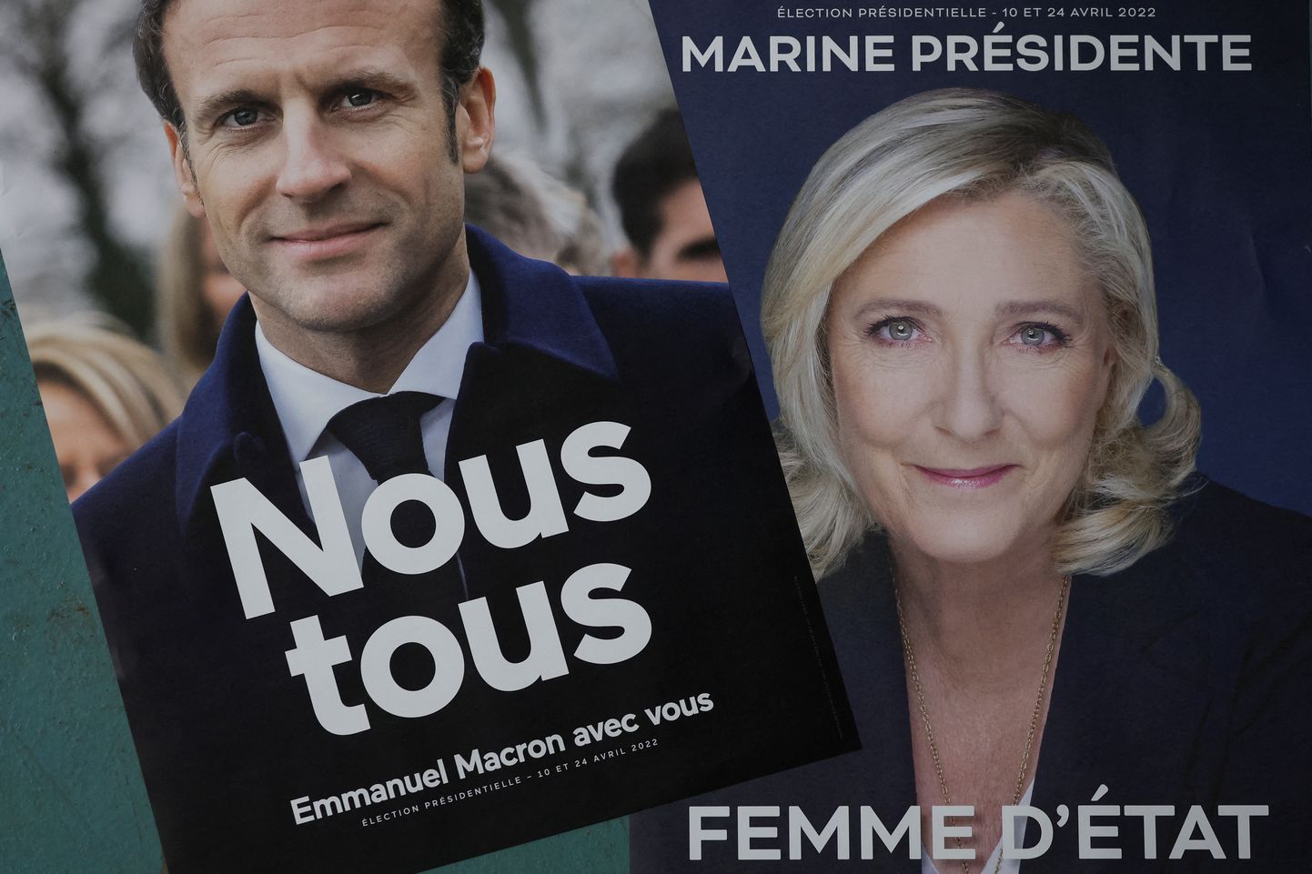 Emmanuel Macroni ja Marine Le Peni ametlikud valimisplakatid.