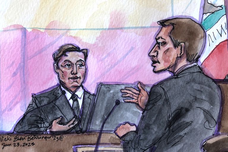 Tesla tegevjuht Elon Musk San Francisco föderaalkohtus toimuva väärtpaberipettuse kohtuprotsessi ajal.