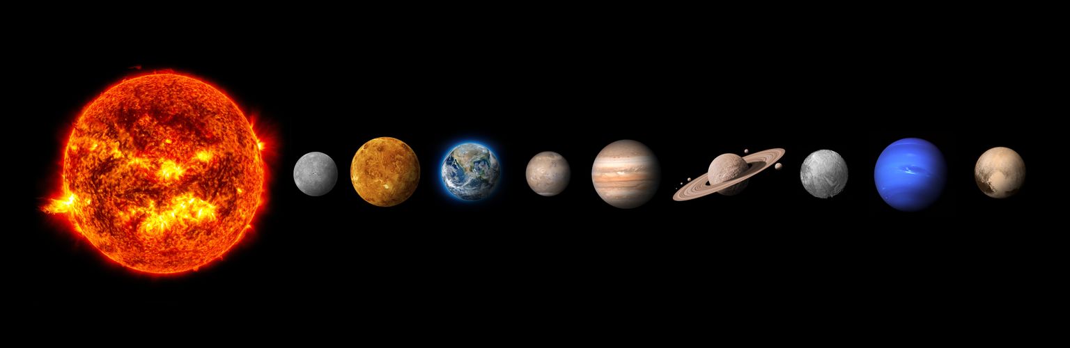 Meie päikesesüsteem vasakult alates: Päike, Merkuur, Veenus, Maa, Marss, Jupiter, Satrun, Uraan ja Neptuun