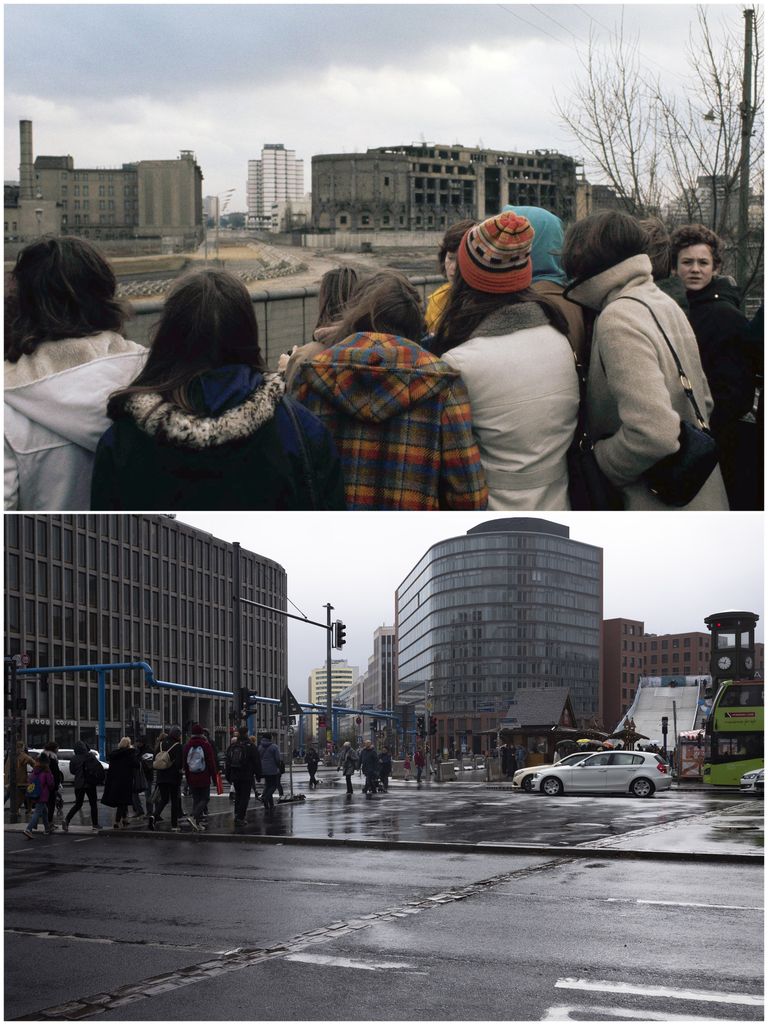 Augšējā attēlā: Rietumberlīnes studenti raugās pār Berlīnes mūri Potsdamas laukumā 1973.gada 8.martā. Apakšējā attēlā: šī pati vieta 2019.gada 3.novembrī.