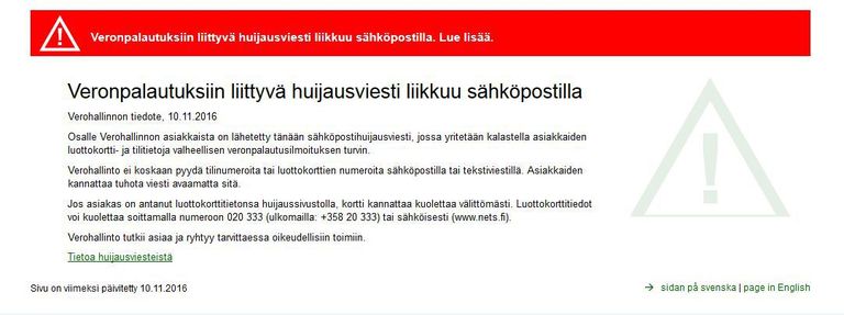 Soome maksuamet hoiatab petturite eest.