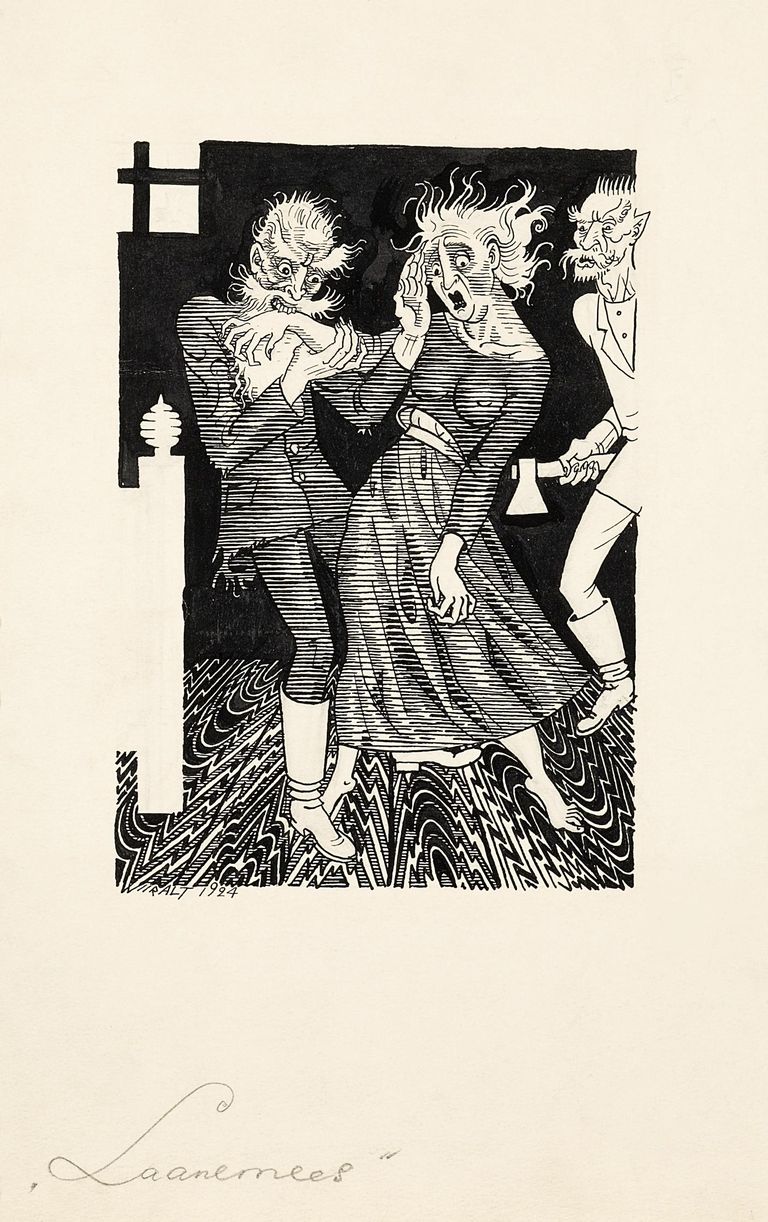 Eduard Wiiralt (1898–1954), «Laanemees. Illustratsioon Juhan Jaigi kogumikule «Wõrumaa jutud. Walik I»», 1924, tušš, Eesti kunstimuuseum.