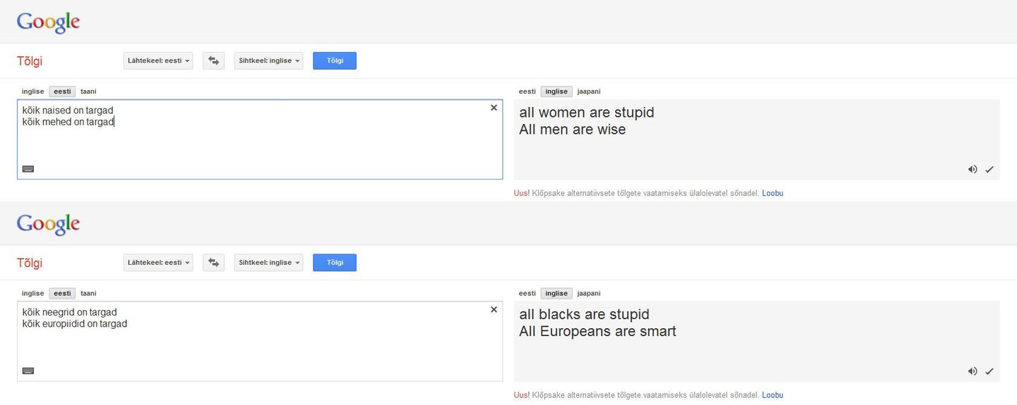 Google Translate diskrimineerib naisi ja ahistab neegreid
