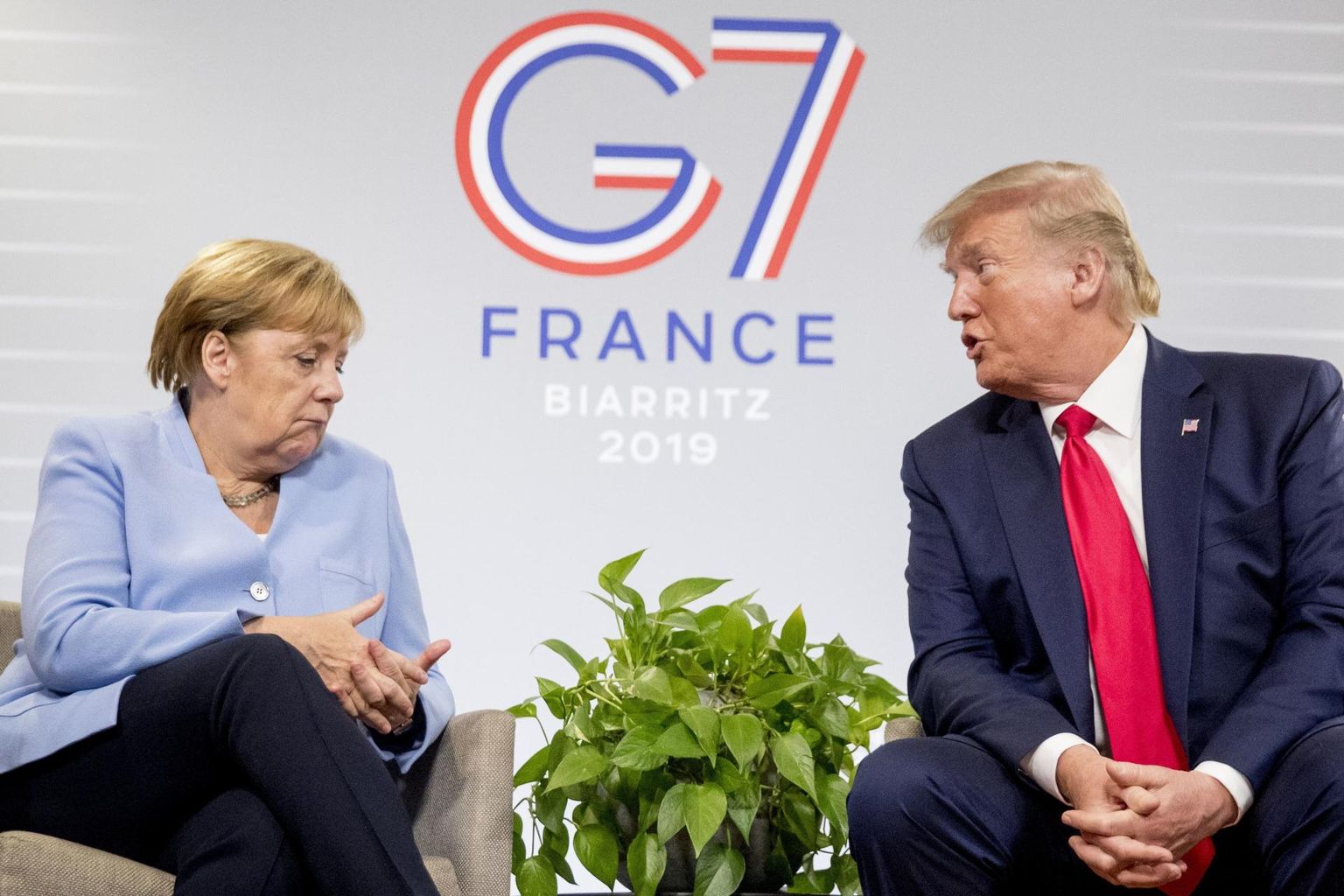 Saksamaa liidukantsler Angela Merkel ja Ameerika Ühendriikide president Donald Trump mullu augustis G7 kohtumisel Biarritzis. 