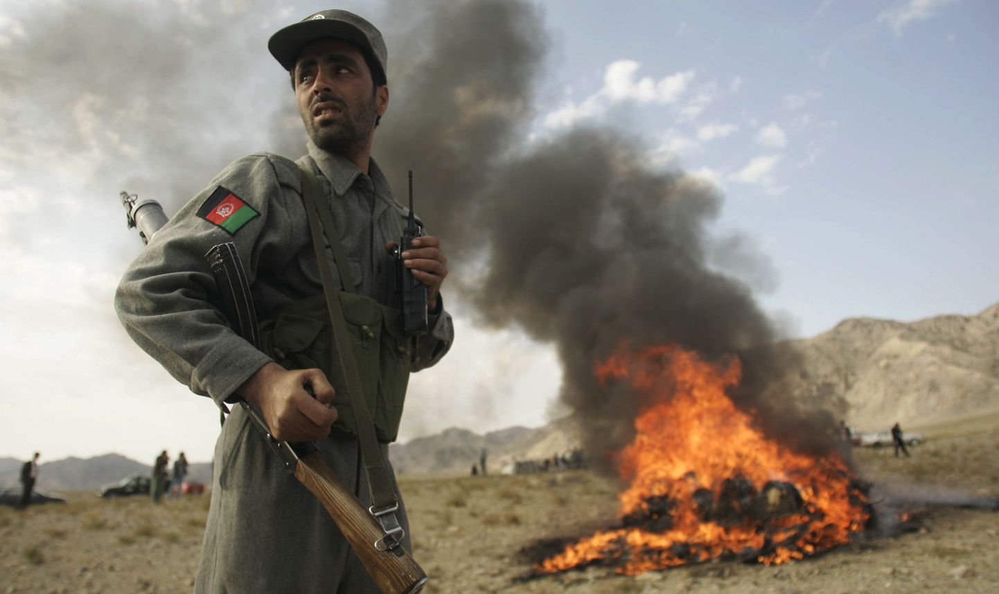 Herati politseinik hävitatava narkosaagi kõrval.