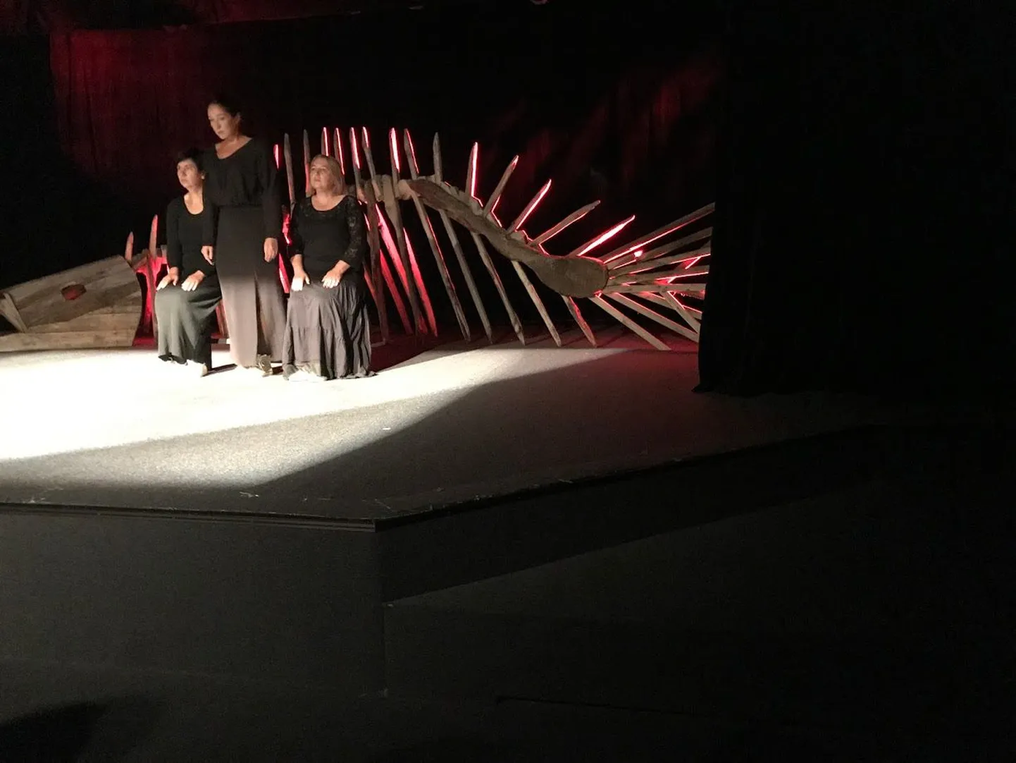 Imposantne puust kalaskelett püüdis pilku Samuel Becketti lavaloos  «Tulevad ja lähevad» (Anykščiai Kultuurimaja teater (Leedu), lavastaja Tiit Alte.