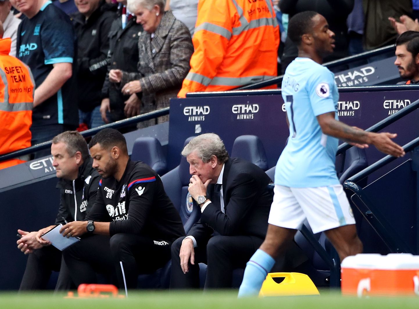 Crystal Palace manager Roy Hodgson on the bench during the Premier League match at the Etihad Stadium, Manchester.