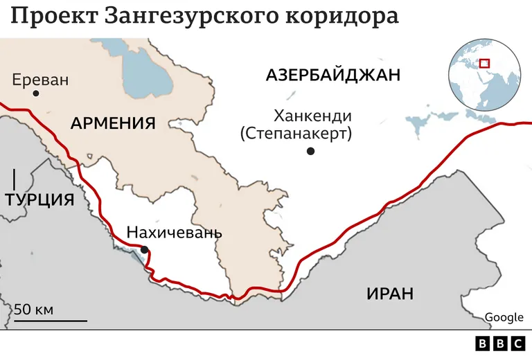 Карта с проектом Зангезурского коридора.