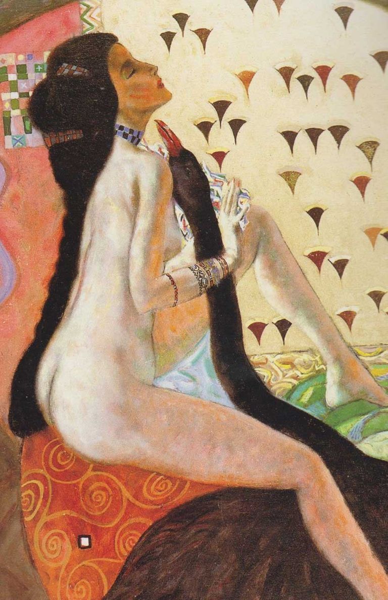Aleksandrs Stepanjans “Leda” (Veltījums Gustavam Klimtam), audekls, eļļa, 90x65 cm