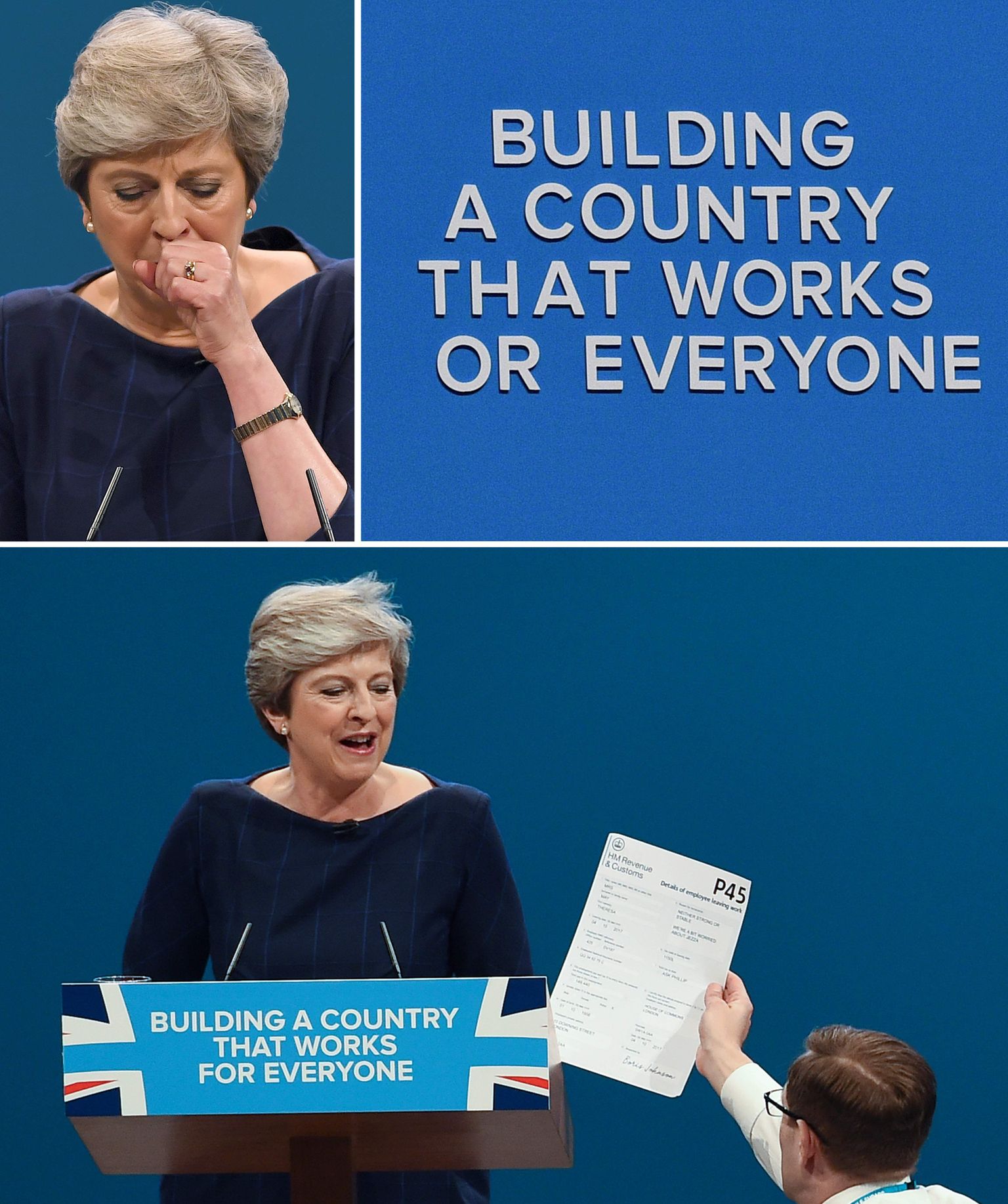 Kolm momenti Theresa May kõnest: puuduliku tähega loosung, köhiv peaminister ja vembumees, kes edastab välisministri võltsteadet.