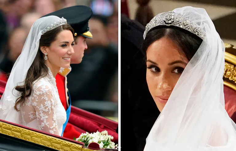 Hertsoginnad Kate ja Meghan tiaarades oma pulmapäevadel.